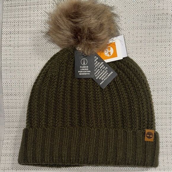 Timberland Camo Green Crochet Pattern Cable Knit Pom Pom Fleece Lined Hat - Picture 1 of 7